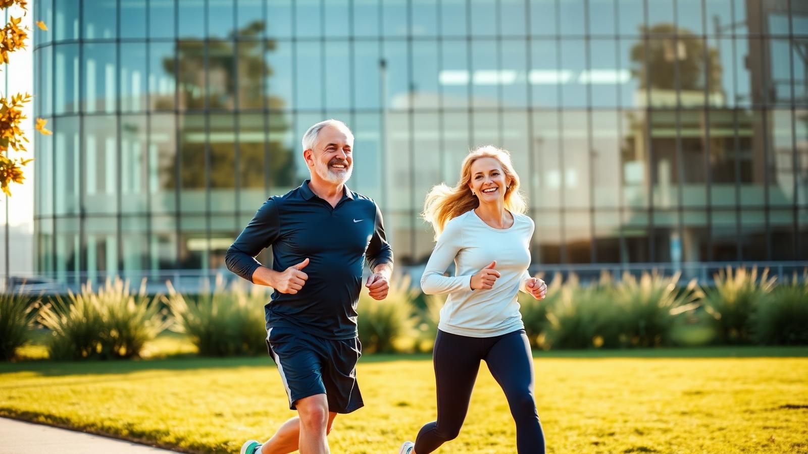 Active couple running outdoors, staying healthy together